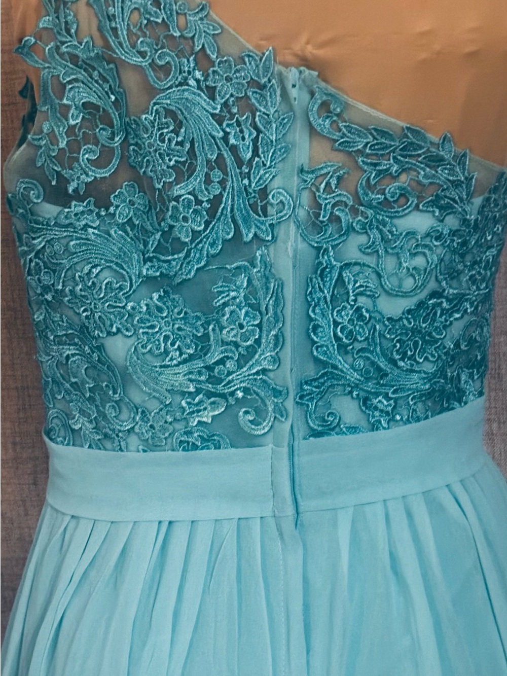 One-Shoulder Lace Bodice Chiffon Maxi Dress - Aqua Blue - Picture 3 of 9